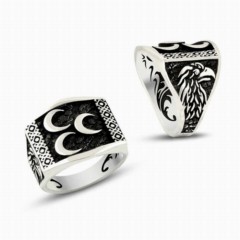 Eagle Head Patterned Three Crescent Model Silver Men's Ring 100348785