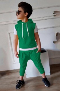 Boy's Short Sleeved Green Tracksuit Suit with Layered Waist and Hooded 100328399