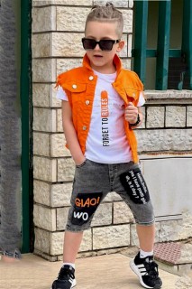 Shorts Set - Boy's Front Button Vest Orange Denim Shorts Suit 100328213 - Turkey