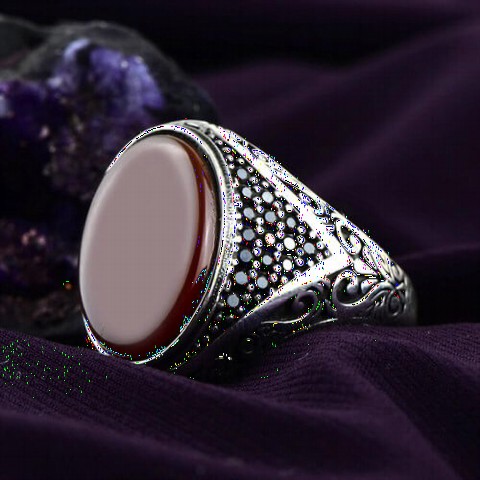 Agate Stone Rings - Agate Stone Ottoman Motif Sterling Silver Men's Ring 100349177 - Turkey