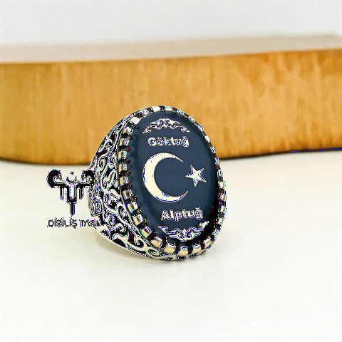 Ring with Name - Personalized Moon Star Name Motif Silver Ring 100347992 - Turkey