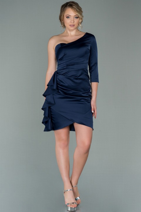 Woman Clothing - Evening Dress One Sleeve Walloon Satin Short Invitation Dress 100298388 - Turkey