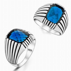 Zircon Stone Rings - Blue Stone Edge Line Motif Sterling Silver Ring 100346390 - Turkey