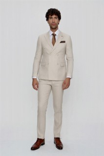 Suit - بدلة بيج رجالية ذات قصة ضيقة مقاس نحيف 6 مخططة منسدلة 100350987 - Turkey