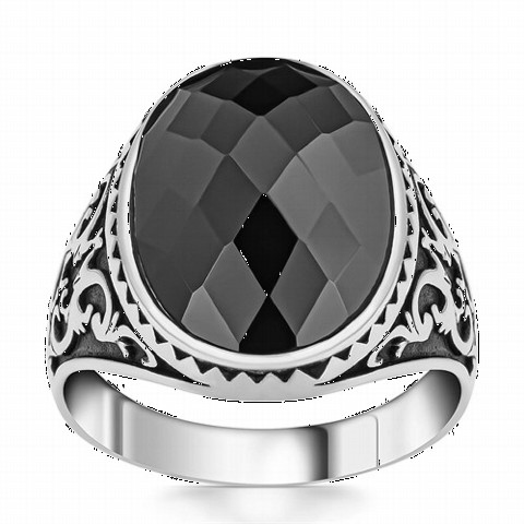 Onyx Stone Rings - Black Zircon Stone Sterling Silver Ring with Patterned Edges 100350355 - Turkey