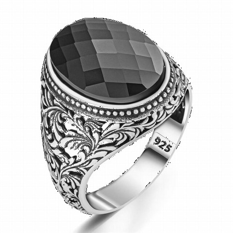 Zircon Stone Rings - Flower Patterned Black Zircon Stone Silver Ring 100350379 - Turkey