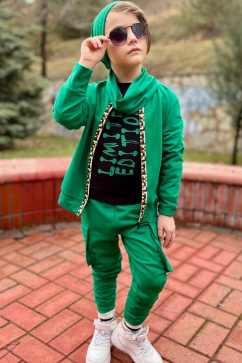 Boy's Cargo Pocket Neck Collar and Beret Green Tracksuit Suit 100327127