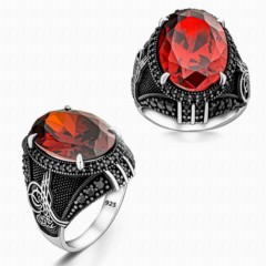 Zircon Stone Rings - Ottoman Seal Patterned Red Zircon Stone Silver Ring 100346364 - Turkey