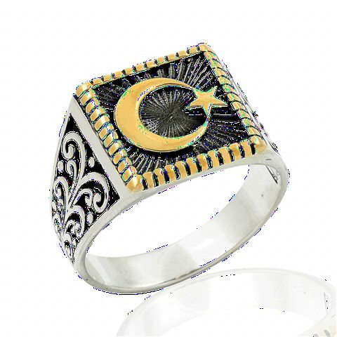Moon Star Patterned Sterling Silver Men's Ring 100349080