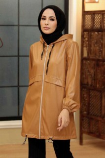 Coat - Biscuit Hijab Faux Leather Cap 100344946 - Turkey