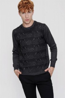 Zero Collar Knitwear - Men's Anthracite Cycling Crew Neck Dynamic Fit Comfortable Cut Patterned Knitwear Sweater 100345121 - Turkey
