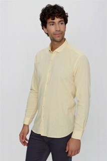 Shirt - Men's Yellow Harmony Linen Long Sleeve Regular Fit Wide Cut Soft Collar Shirt 100351066 - Turkey