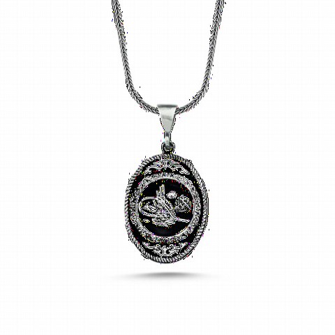 Necklace - Ottoman Tugra Black Ground Silver Necklace 100348361 - Turkey