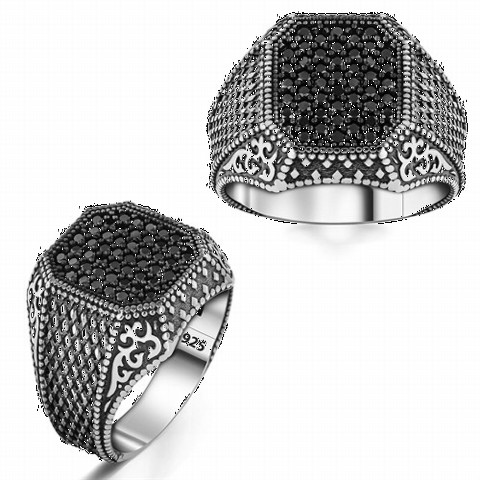 Zircon Stone Rings - Edge Patterned Micro Stone Silver Ring 100350298 - Turkey