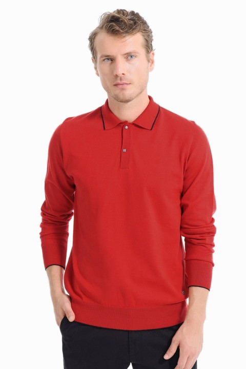 Knitwear - Men's Red Dynamic Fit Basic Polo Neck Knitwear Sweater 100345164 - Turkey