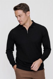 Polo Collar Knitwear - Men's Black Dynamic Fit Zippered Polo Neck Knitwear Sweater 100345118 - Turkey