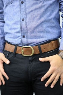 Belt - Guard Taba Knit Pattern Leather Belt 100345943 - Turkey
