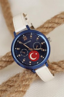 Woman Watch - Turkish Flag Design White Color Leather Band Navy Blue Case Ladies Watch 100318853 - Turkey
