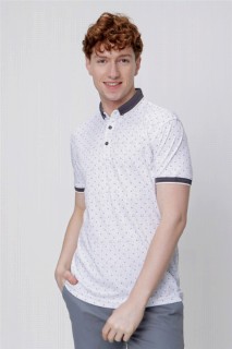T-Shirt - Men's White Mercerized Printed Dynamic Fit Comfortable Cut Buttoned Collar T-Shirt 100352611 - Turkey