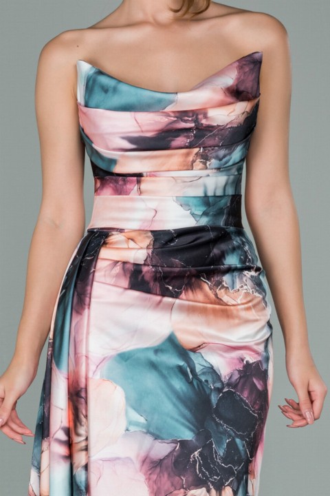 Evening Dress Strapless Tailed Printed Midi Evening Dress 100298542
