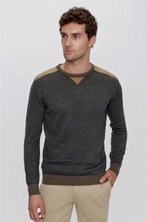 Zero Collar Knitwear - Men's Anthracite Trend Dynamic Fit Loose Cut Crew Neck Knitwear Sweater 100345160 - Turkey