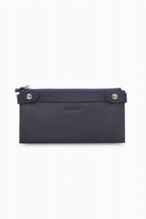 Hand Portfolio - Marineblaue Damenbrieftasche aus Leder mit doppeltem Reißverschluss und Telefonfach 100346220 - Turkey