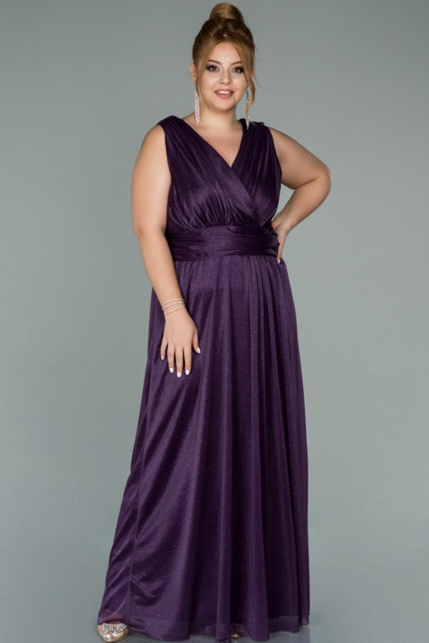 Plus Size - Evening Dress Double Breasted Collar Silvery Long Plus Size Evening Dress 100298343 - Turkey