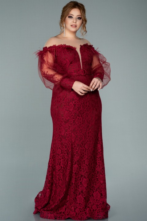 Plus Size - Evening Dress Long Sleeve Guipure Plus Size Evening Dress 100298513 - Turkey