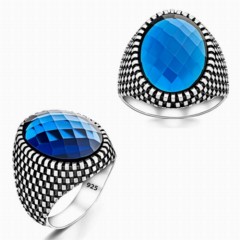 Zircon Stone Rings - Blue Cut Zircon Stone Straw Motif Sterling Silver Ring 100347655 - Turkey