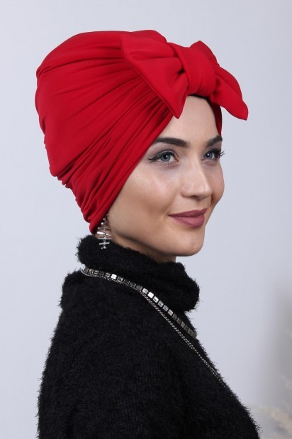 Woman Bonnet & Turban - Bidirectional Cap Red with Filled Bow 100284878 - Turkey