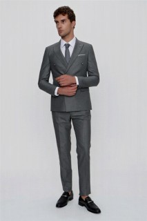 Men's Gray Striped Double Breasted Slim Fit Slim Fit 6 Drop Suit 100351002
