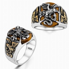 Animal Rings - Eagle and Snake Model Tiger Eye Stone Silver Ring 100346387 - Turkey