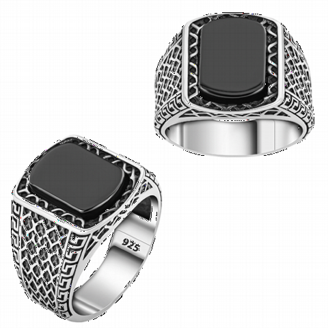 Onyx Stone Rings - Sides Honeycomb Pattern Black Onyx Stone Silver Ring 100350321 - Turkey