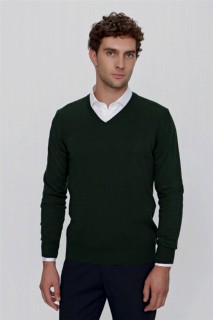 V Neck Knitwear - Herren Khaki Basic Dynamic Fit Relaxed Cut V-Ausschnitt Strickpullover 100345153 - Turkey