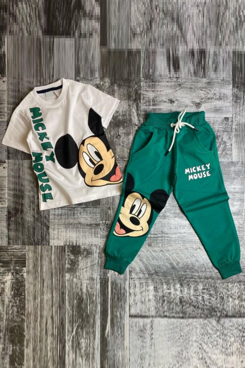 Tracksuit Set - Boy's Mickey Mouse Printed 2-Pack Green Tracksuit Set 100327175 - Turkey