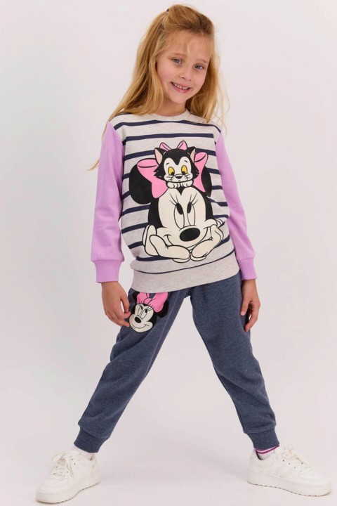 Tracksuits, Sweatshirts - Girl Minnie Mouse Striped Lilac Tracksuit Set 100327002 - Turkey
