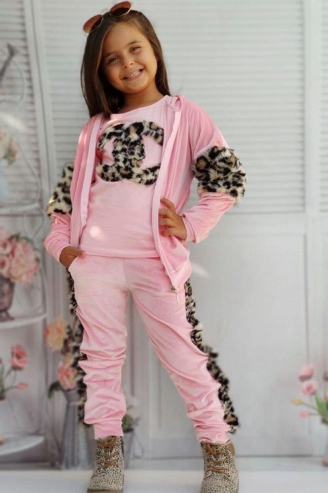 Tracksuits, Sweatshirts - Girl Leopard Patterned Plush Velvet Pink Tracksuit 100326850 - Turkey