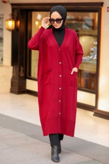 Cardigan - Claret Red Hijab Knitwear Cardigan 100339123 - Turkey