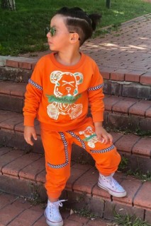 Tracksuit Set - Boys Teddy Bear Printed Stripe Detailed Crew Neck Orange Tracksuit Suit 100344694 - Turkey