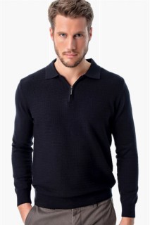 Knitwear - Men's Navy Blue Polo Zipper Collar Dynamic Fit Comfortable Cut Patterned Knitwear Sweater 100345088 - Turkey