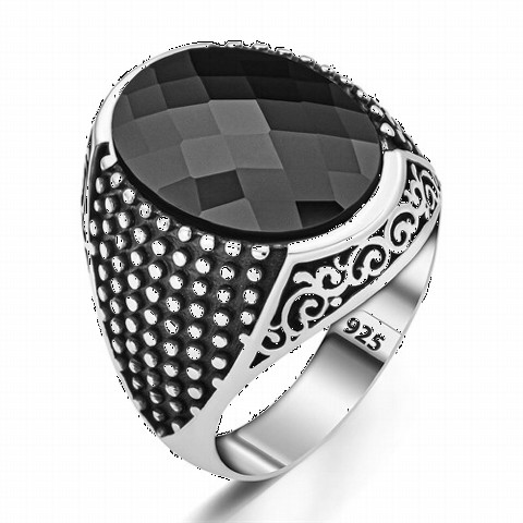 Zircon Stone Rings - Dot Patterned Black Zircon Stone Silver Ring 100350384 - Turkey