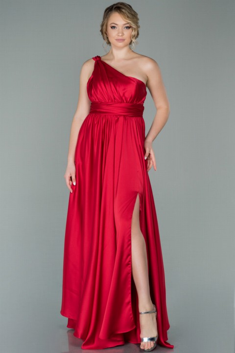 Woman Clothing - Evening Dress One Shoulder Leg Decollete Satin Long Evening Dress 100298381 - Turkey