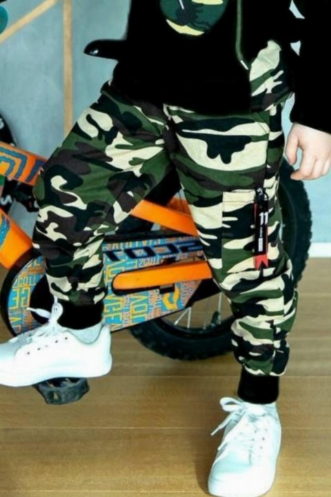 Boys Hat Printed Camouflage Patterned Black Tracksuit Suit 100327068