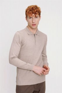 Polo Collar Knitwear - سترة تريكو بياقة بولو سحاب ديناميكي بيج للرجال 100345119 - Turkey