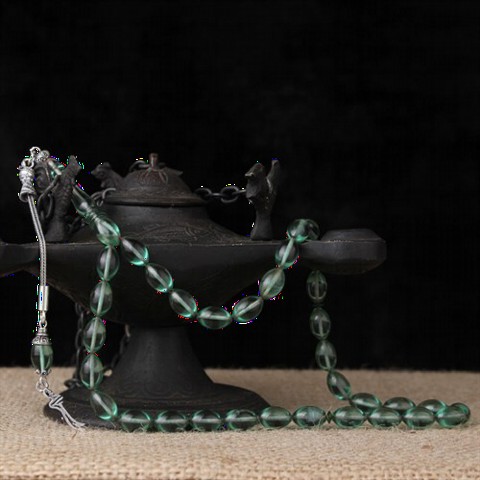 Rosary - Silver Tasseled Water Green Spinning Amber Rosary 100349513 - Turkey
