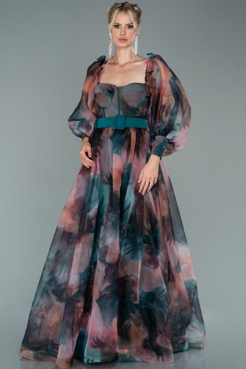 Woman Clothing - Evening Dress Long Sleeve Printed Evening Dress 100298575 - Turkey