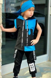 Boy Clothing - Boy's New Puzzle Zero Sleeve T-Shirt and Blue Tracksuit with Bandana 100327539 - Turkey