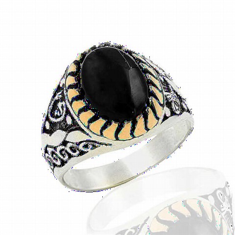 Men Shoes-Bags & Other - Oval Onyx Stone Patterned Silver Men's Ring 100348951 - Turkey