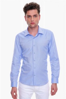 Men Clothing - Men's Blue Oxford Cotton Slim Fit Slim Fit Solid Collar Long Sleeve Shirt 100350596 - Turkey
