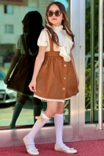 Girl's Frill Collar Front Buttoned Sock Brown Loaflet Dress 100344723